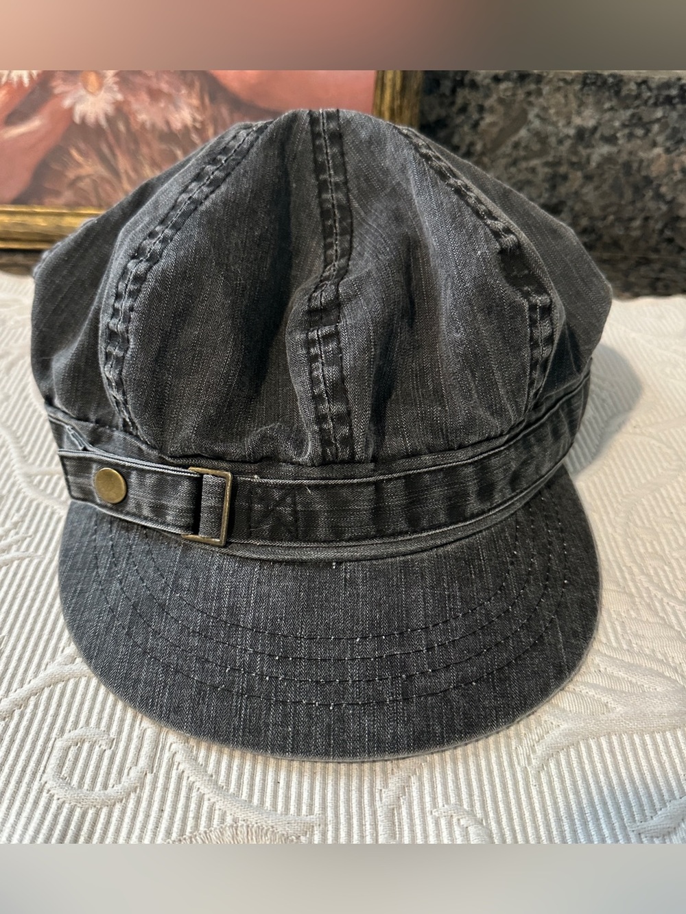 Vintage washed charcoal denim newsboy cadet cap cotton side buckle one size Y2K
